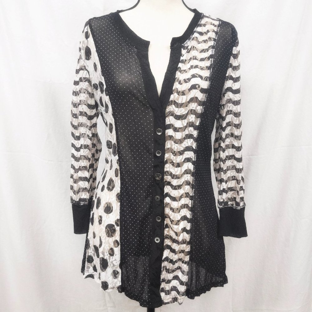 Papillon Designer Black & White Lace Striped Polka Dot Cardigan Button-D…